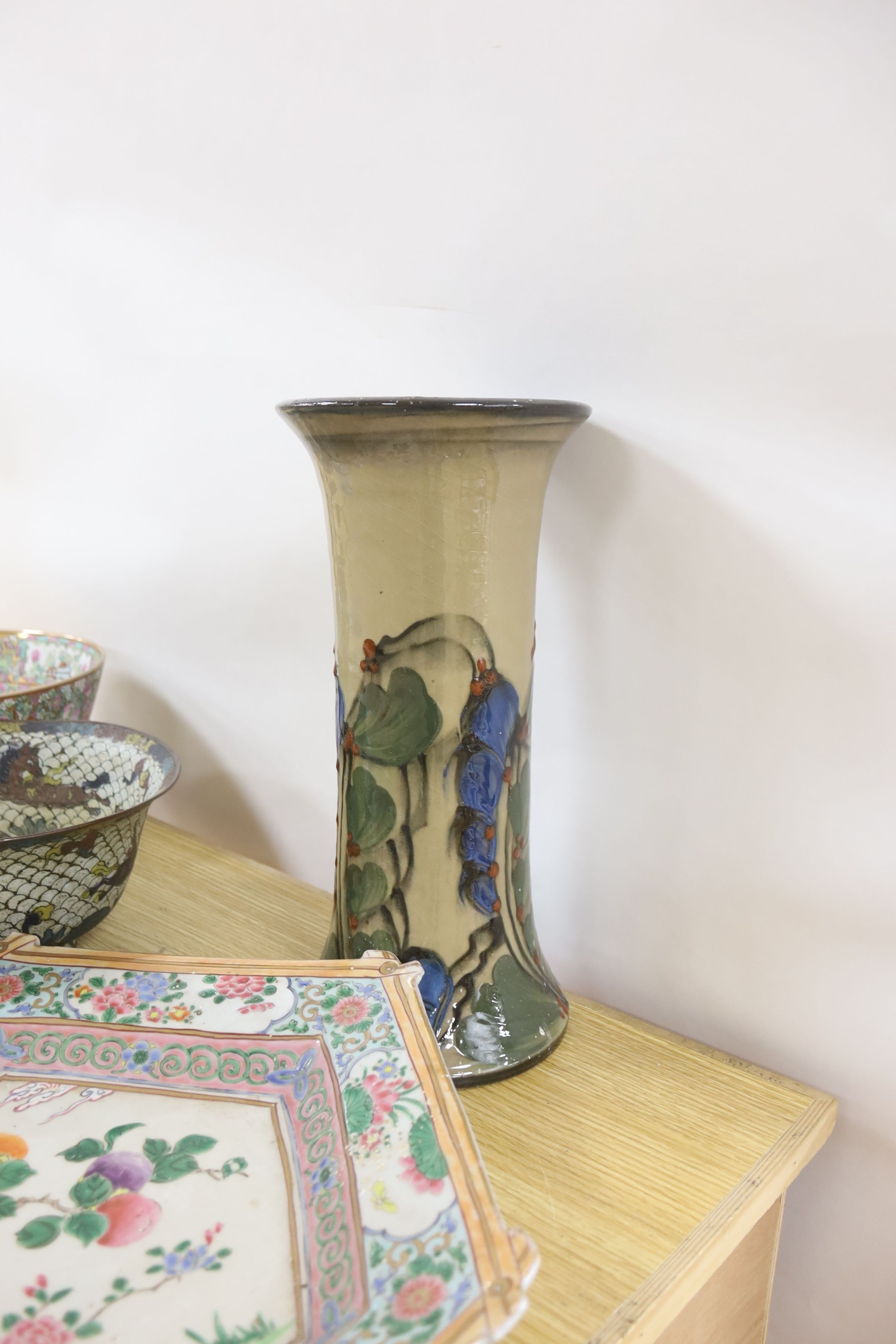 A large Japanese porcelain diamond shaped dish, 47cm, a Japanese cloisonné enamel ‘horses’ bowl, in Ming style, a Chinese famille rose bowl, a continental art pottery vase etc